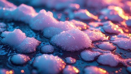 Aufkleber - Melting snow texture with colorful reflections and droplets highlighting intricate patterns and soft contours on a reflective surface.