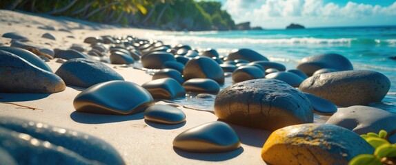 Aufkleber - Close up of smooth polished stones on a sunlit tropical beach with gentle waves and greenery in the background