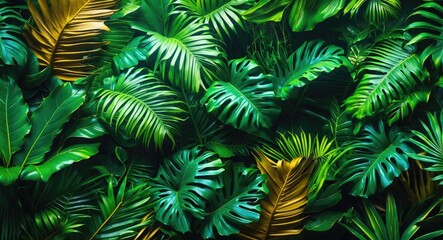 Poster - Tropical green leaves texture with diverse foliage creating a lush abstract background for nature and design themes.