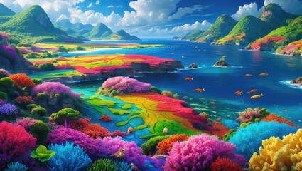 Canvas Print - vibrant coastal landscapes with lush foliage and colorful coral reefs under a bright sky and tranquil waters