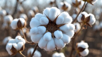 Leinwandbilder - Close-up of ripe cotton bolls ready for harvest showcasing the fluffy white fibers against a blurred cotton field background.
