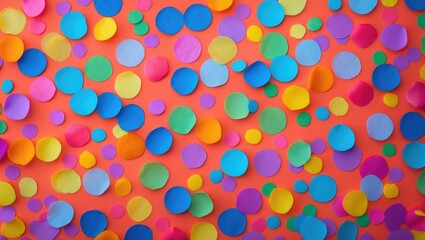 Poster - Vibrant close-up of colorful confetti dots scattered on a bright background ideal for festive celebrations and joyful events.