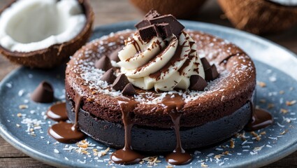 Poster - Decadent chocolate lava cake topped with whipped cream, chocolate chunks, and coconut flakes on a rustic plate. Perfect dessert indulgence.