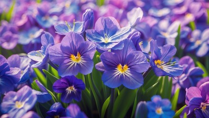 Aufkleber - Vibrant closeup of colorful spring violets showcasing delicate petals and lush greenery in a sunny outdoor setting.