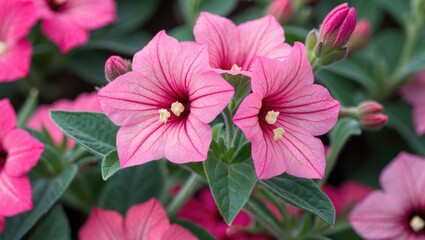 Fototapete - Vibrant Hot Pink Petunias in Full Bloom with Lush Green Leaves and Space for Text Overlay