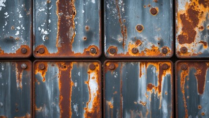 Aufkleber - Rusty metal panels with weathered surfaces showcasing a blend of textures and colors in an industrial aesthetic background.