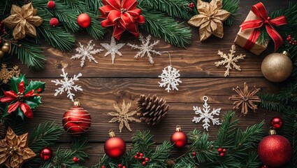 Aufkleber - Festive Christmas decorations arranged on a rustic wooden background with pine branches, ornaments, and snowflake designs.