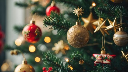 Aufkleber - Close-up of colorful Christmas ornaments on a festive tree creating a cheerful holiday atmosphere with twinkling lights and decorations.