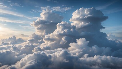 Aufkleber - Majestic clouds of unique shapes illuminated by soft sunlight against a clear blue sky creating a serene and tranquil atmosphere.
