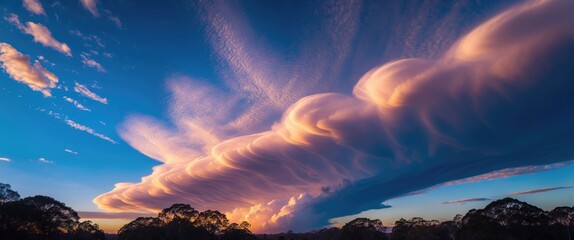 Aufkleber - Dramatic cloud formations of cirrus and cumulonimbus against a vibrant blue Australian sky during autumn at sunset.