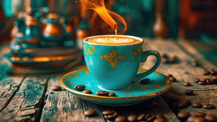 Aufkleber - Vibrant coffee cup with steam on rustic wooden table surrounded by coffee beans and traditional brewing equipment