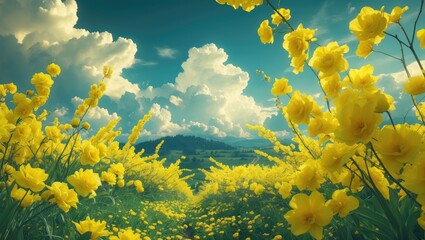 Aufkleber - Vibrant yellow flowers under dramatic clouds in a serene spring landscape capturing the essence of nature's beauty and tranquility.