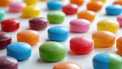 Poster - Vibrant assortment of round candies in various colors arranged on a white background perfect for desserts and confectionery themes
