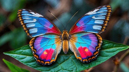 Aufkleber - Vibrant butterfly perched on lush green leaf showcasing intricate patterns and bright colors in a natural setting