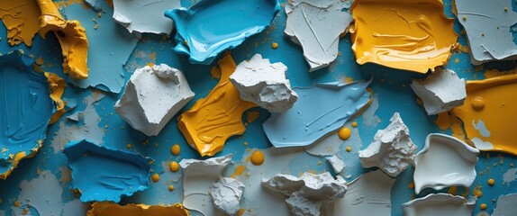 Aufkleber - Colorful paint texture with large chunks and drips against a blue background showcasing artistic and abstract design elements.