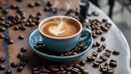 Poster - Steaming latte art in a blue cup surrounded by coffee beans on a rustic table setting perfect for cafÃ© or food photography.