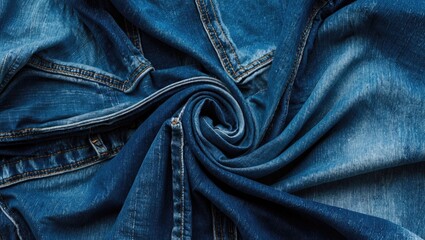Aufkleber - Close up of blue denim fabric showcasing intricate textures and patterns in a swirl formation for fashion and textile design applications.