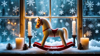 Aufkleber - Winter holiday scene showcasing a decorative rocking horse and candles against a frosty window adorned with snowflake patterns.
