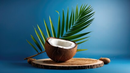 Poster - Coconut half with fresh white flesh alongside green coconut leaf on wooden board against vibrant blue background