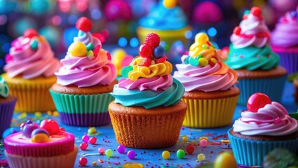 Poster - Vibrantly Decorated Cupcakes with Colorful Frosting and Sprinkles Perfect for Party Treats and Celebrations