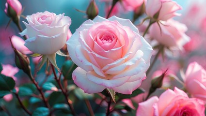 Aufkleber - Close up of delicate white and pink roses with soft focus created a dreamy floral background for decorative or romantic designs.