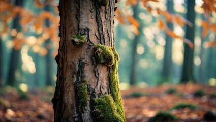 Canvas Print - Close-up of a moss-covered tree trunk in a serene forest with a soft blurred background of autumn leaves and greenery.