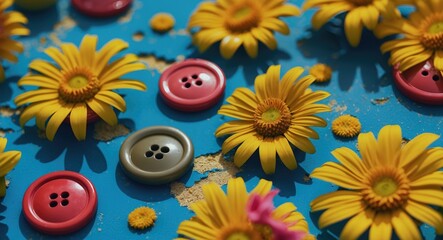Aufkleber - Colorful arrangement of vibrant yellow daisies and assorted buttons on a textured blue background in natural sunlight. Concept of crafting and decor.
