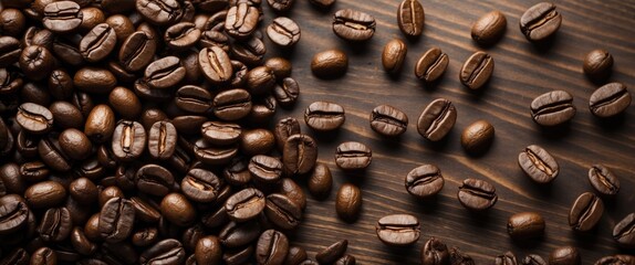 Poster - Close-up of roasted coffee beans spread on a dark wooden table highlighting rich textures and colors perfect for food and beverage themes.