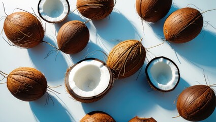 Aufkleber - Fresh coconuts and coconut halves arranged aesthetically on light background showcasing tropical fruits and natural textures