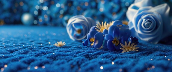 Aufkleber - Blue carpet texture adorned with delicate flowers and roses, creating a serene and elegant backdrop. Perfect for floral and interior designs.