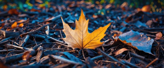 Canvas Print - Close up view of a vibrant dry leaf resting on dark mulch with a soft blurred background showcasing autumn foliage.