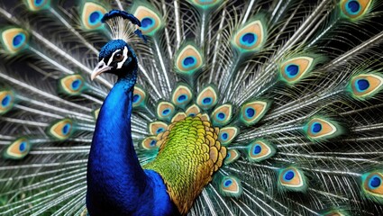 Poster - Male peacock showcasing vibrant tail feathers in a stunning close-up display of colors and patterns capturing its beauty and elegance.