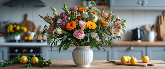 Poster - Vibrant bouquet of assorted flowers in a white vase on a kitchen table surrounded by fresh lemons and a cozy kitchen setting