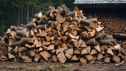 Aufkleber - Chopped firewood stacked and drying in preparation for winter use beside a wood storage shed surrounded by a forested landscape.