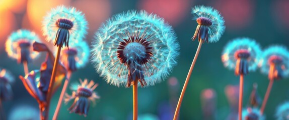 Aufkleber - Close-Up Shot of Illuminated Dandelions with Soft Focus in a Vibrant Natural Setting