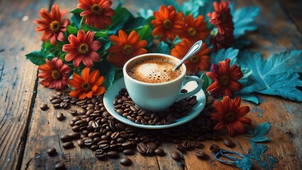 Poster - Coffee cup surrounded by beans and vibrant flowers on rustic wooden background showcasing a cozy and inviting atmosphere.