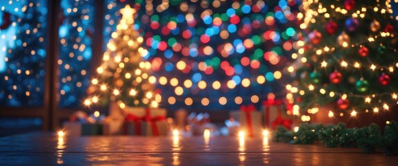 Aufkleber - Festive holiday background with shimmering Christmas lights and blurred bokeh effect featuring decorated trees and glowing ornaments.