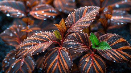 Wall Mural - Morning dew glistening on vibrant brown striped leaves showcasing nature's beauty in detail and texture.