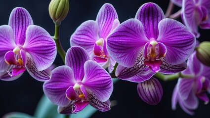 Fototapete - Vibrant close-up of pink and purple orchid flowers showcasing intricate details and textures on a dark background