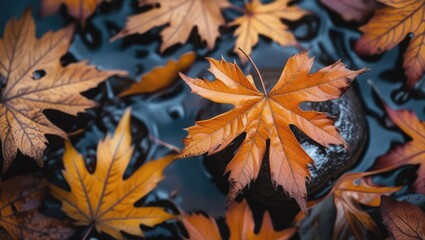 Aufkleber - Autumn leaves floating on water showcasing vibrant orange tones in a serene natural setting capturing the essence of fall tranquility.