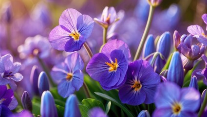 Wall Mural - Vibrant closeup of spring violets showcasing a colorful array of purple flowers in natural sunlight amidst lush green foliage