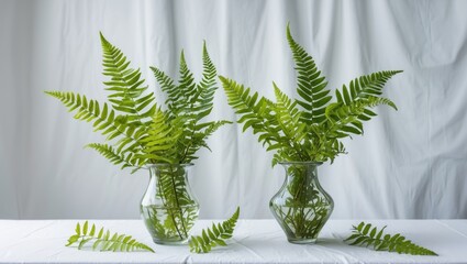 Wall Mural - Fresh green fern leaves elegantly arranged in glass vases on a white table with a soft white backdrop for a serene, nature-inspired look.