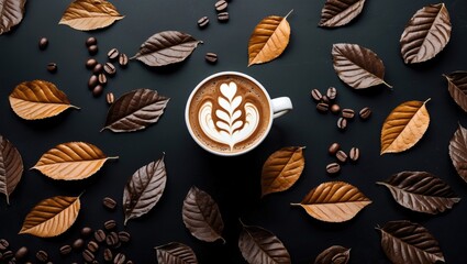 Poster - Artistic coffee latte with leaf pattern surrounded by autumn leaves and coffee beans on a sleek black table creating a cozy atmosphere.