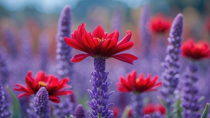 Aufkleber - Vibrant closeup of purple and red flowers in a blurred natural setting showcasing blooming beauty and colorful petals in springtime.