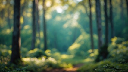 Aufkleber - Serene blurred forest scene with soft natural light showcasing lush greenery and a tranquil atmosphere perfect for relaxation and nature themes
