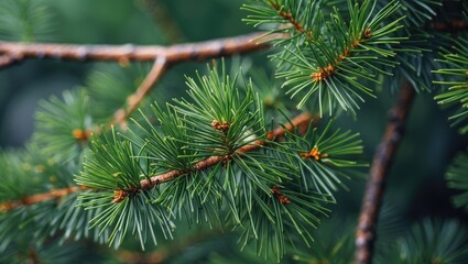 Aufkleber - Detailed close-up of lush green pine tree branches highlighting texture and fresh foliage against a blurred natural background.