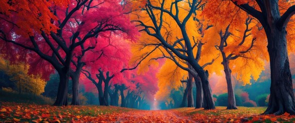 Aufkleber - Vibrant autumn landscape featuring colorful tree branches and fallen leaves illuminated by soft sunlight in a serene forest setting.