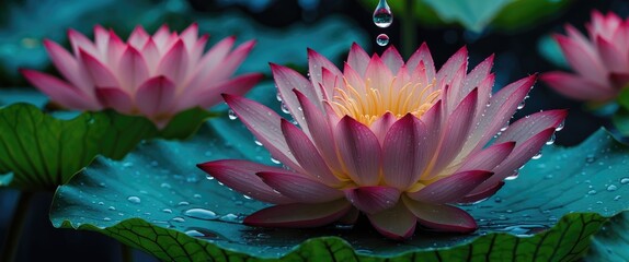 Aufkleber - Close-up of water droplets on vibrant pink lotus flowers and lush green leaves in serene aquatic setting.