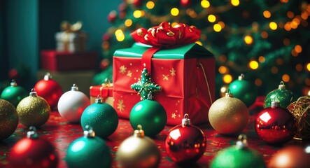 Aufkleber - Festive holiday scene featuring colorful Christmas ornaments and a beautifully wrapped gift box on a decorated table with a tree backdrop