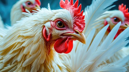 Poster - Elegant close-up of vibrant white chicken feathers showcasing intricate details and textures in a natural setting. Perfect for agricultural themes.